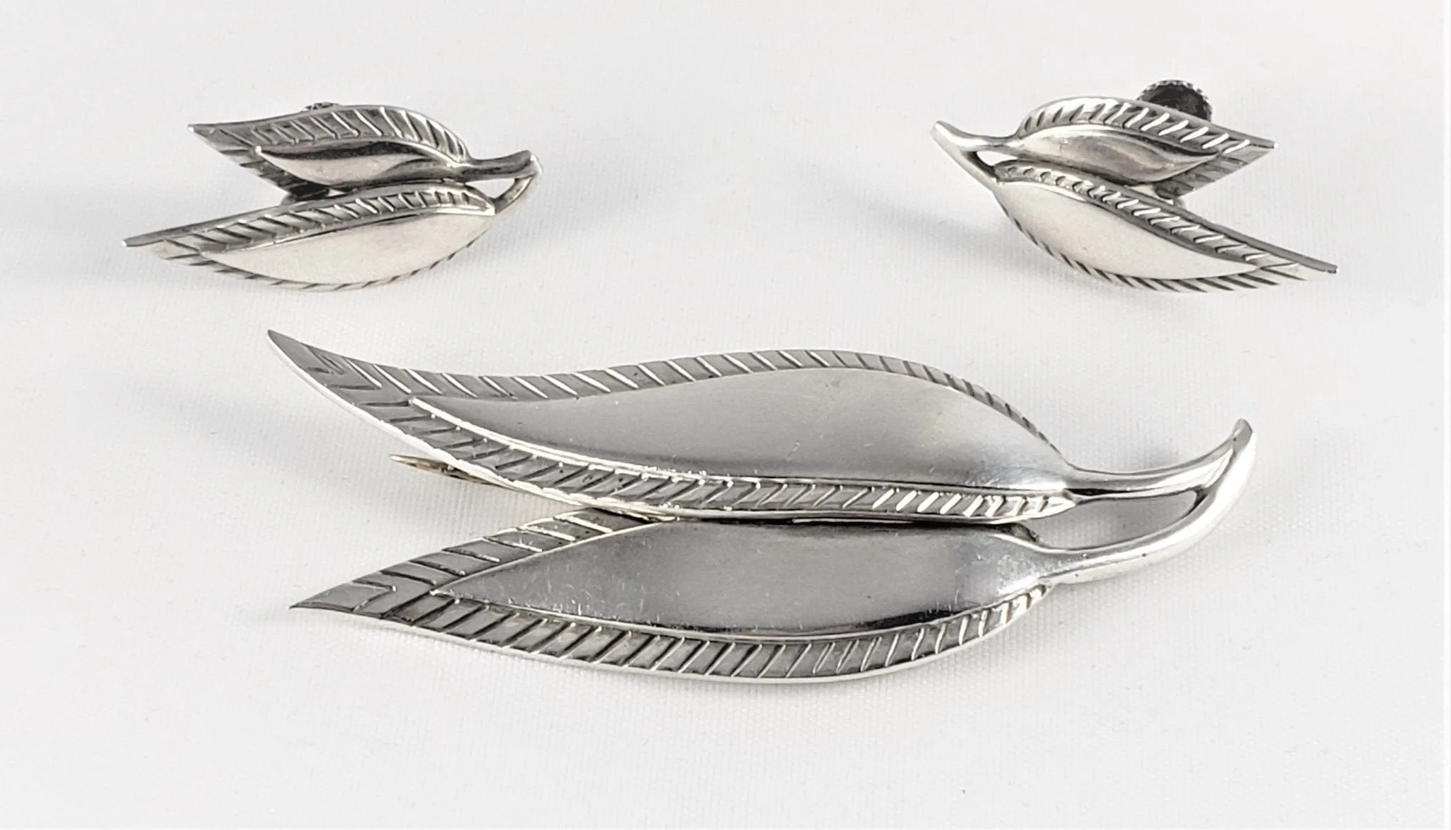 Danish Designer Just Andersen Sterling Leaves Brooch Earrings SET Circa 1930s