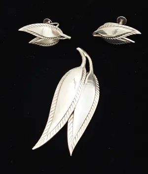 Danish Designer Just Andersen Sterling Leaves Brooch Earrings SET Circa 1930s