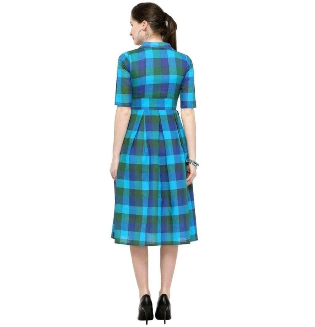 Designer Mart Green & Yellow Cotton Weaving Checks Frock