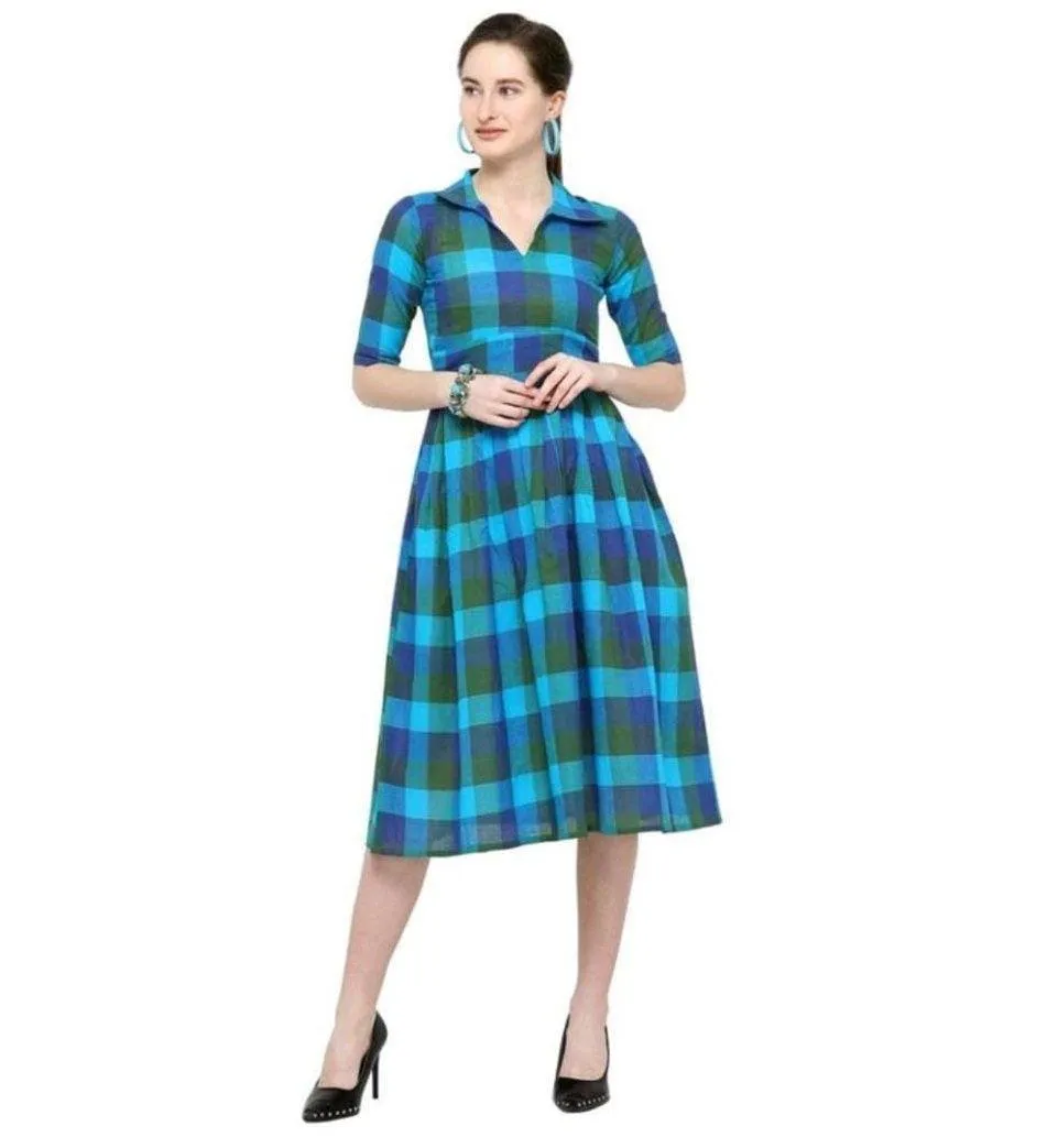 Designer Mart Green & Yellow Cotton Weaving Checks Frock