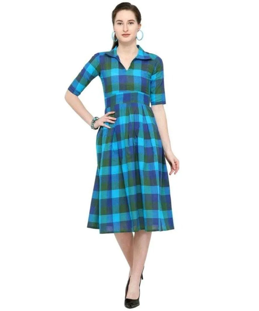 Designer Mart Green & Yellow Cotton Weaving Checks Frock