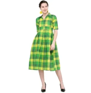 Designer Mart Green & Yellow Cotton Weaving Checks Frock