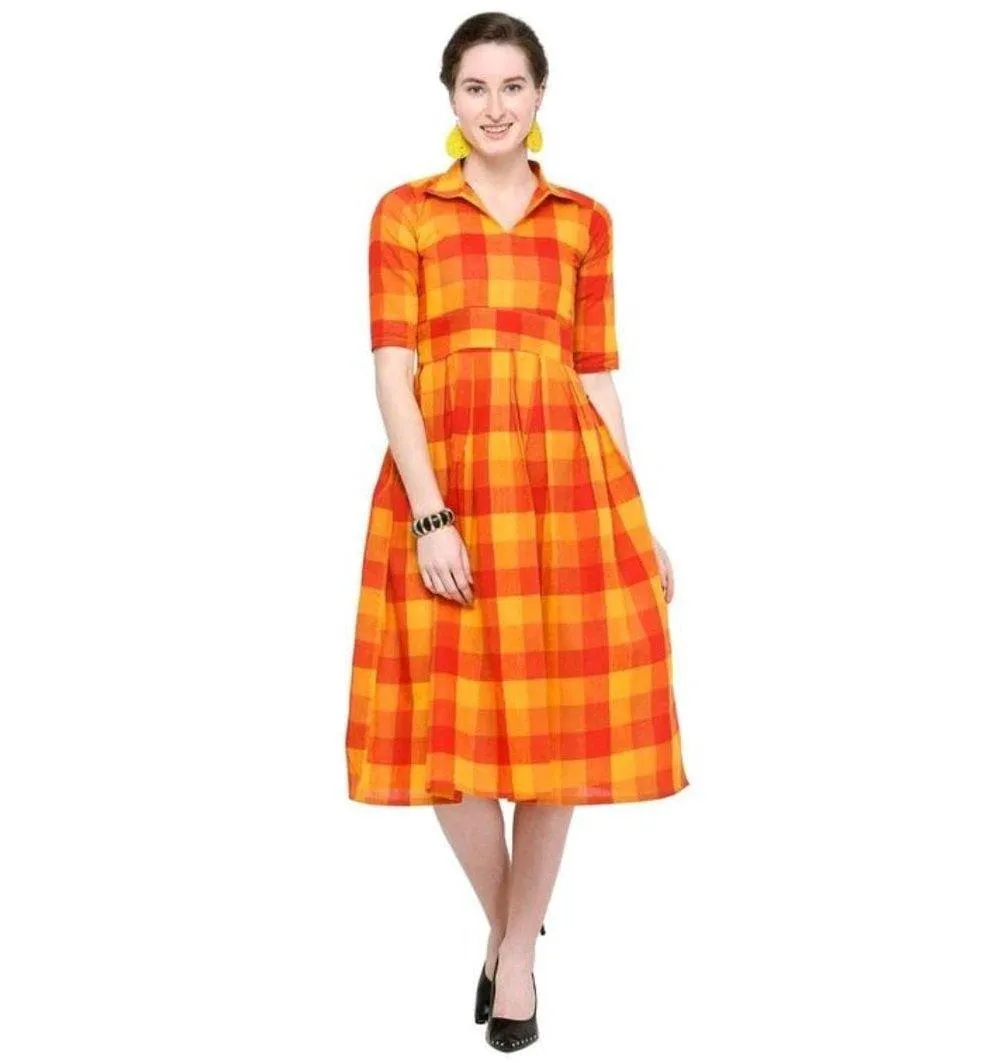 Designer Mart Green & Yellow Cotton Weaving Checks Frock