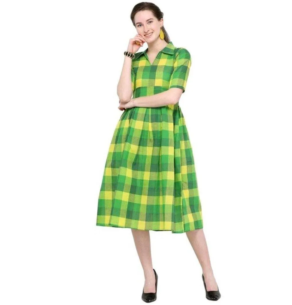 Designer Mart Green & Yellow Cotton Weaving Checks Frock