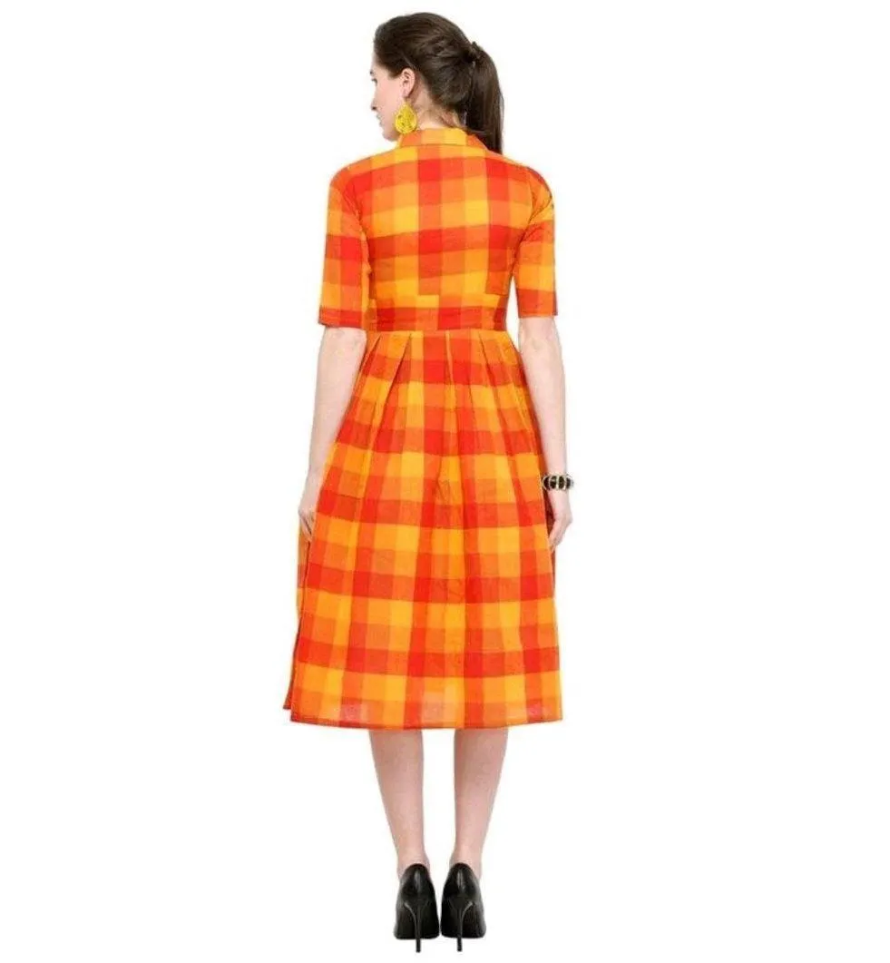 Designer Mart Green & Yellow Cotton Weaving Checks Frock