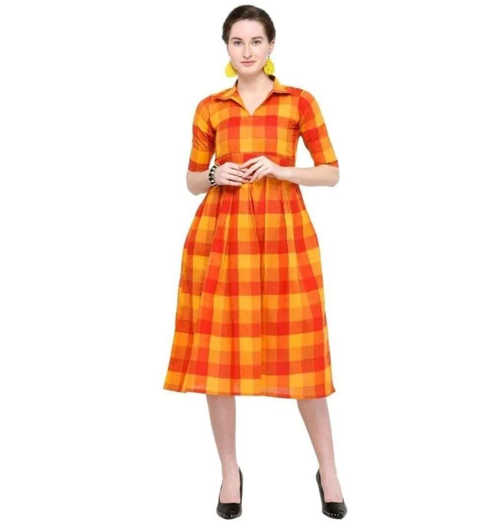 Designer Mart Green & Yellow Cotton Weaving Checks Frock