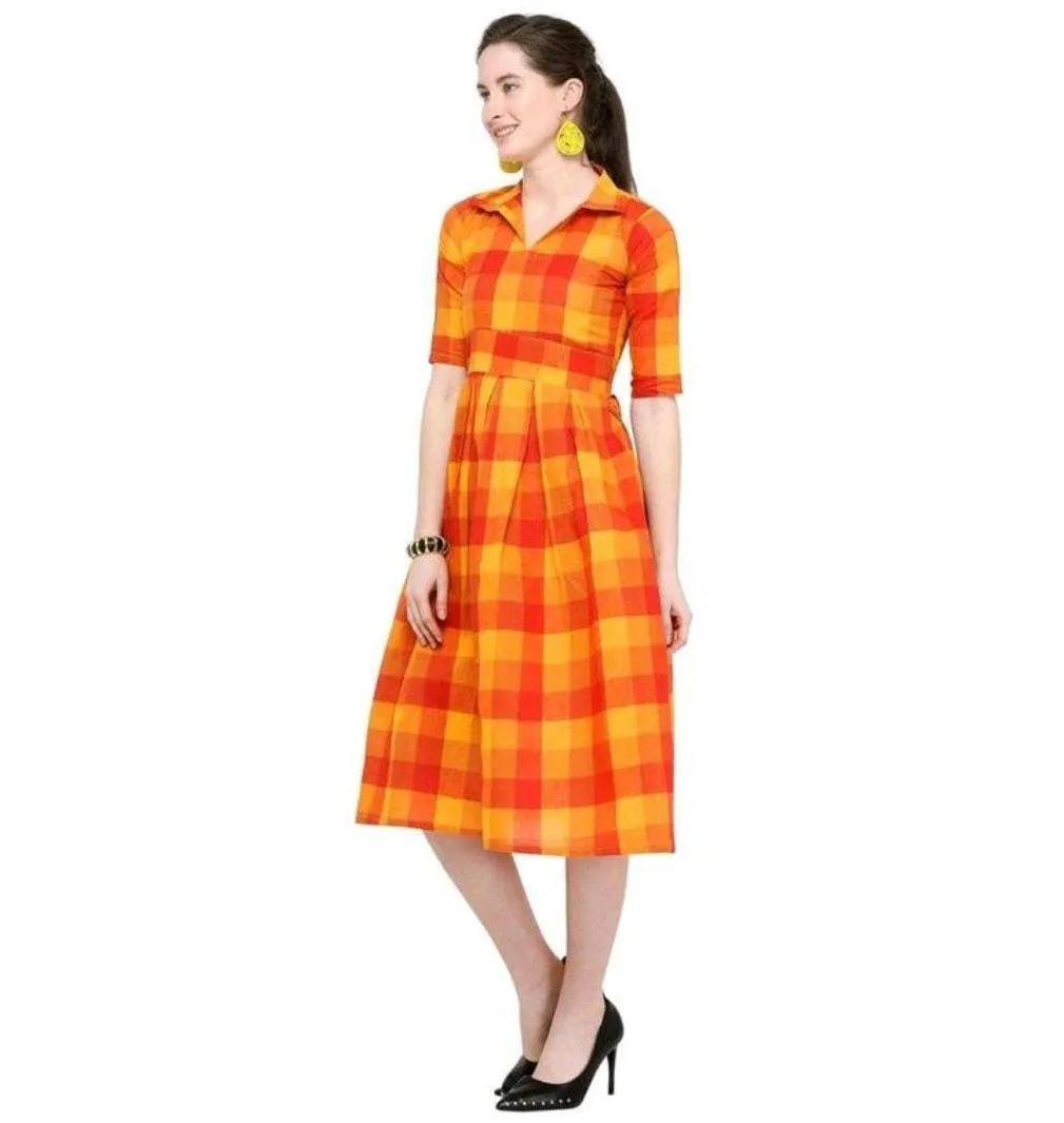 Designer Mart Green & Yellow Cotton Weaving Checks Frock