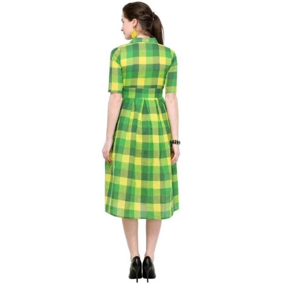 Designer Mart Green & Yellow Cotton Weaving Checks Frock