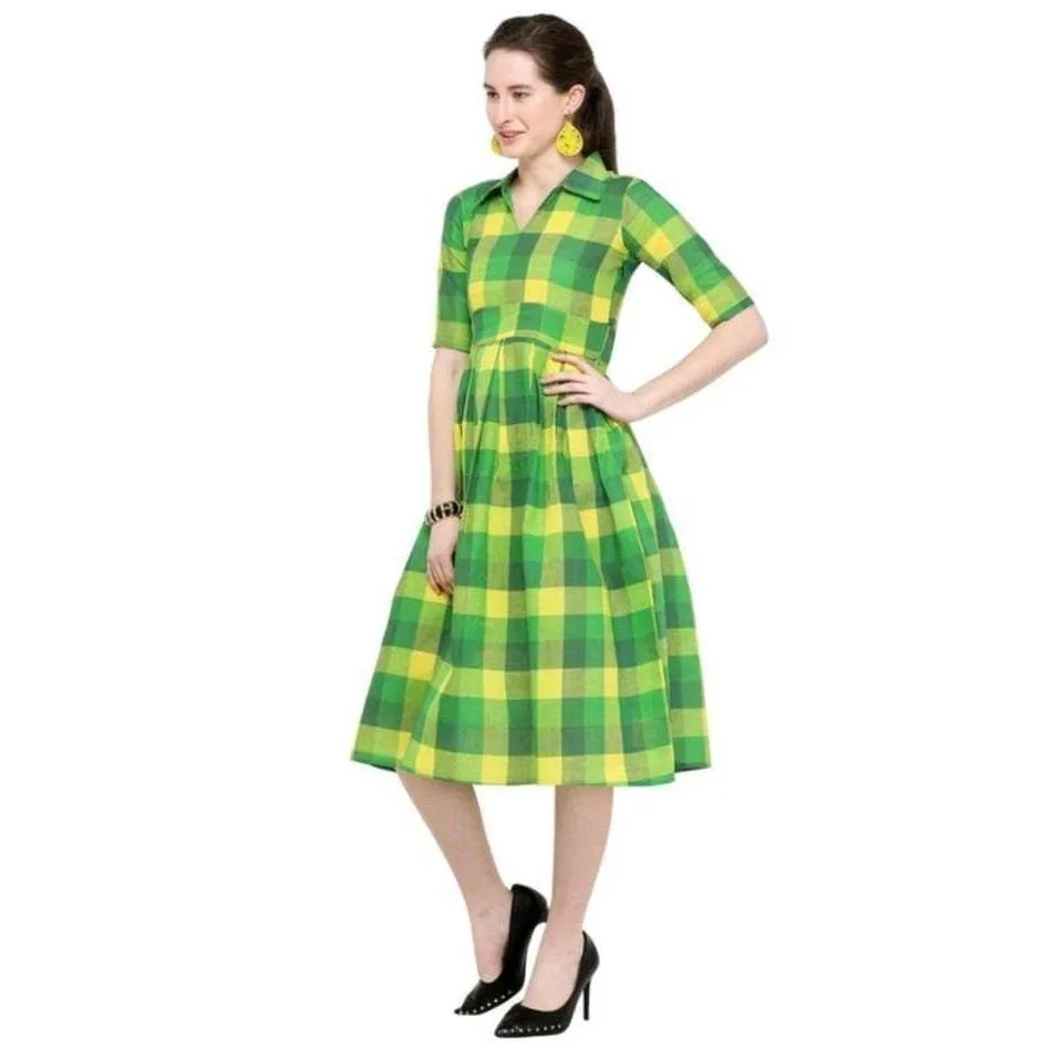 Designer Mart Green & Yellow Cotton Weaving Checks Frock