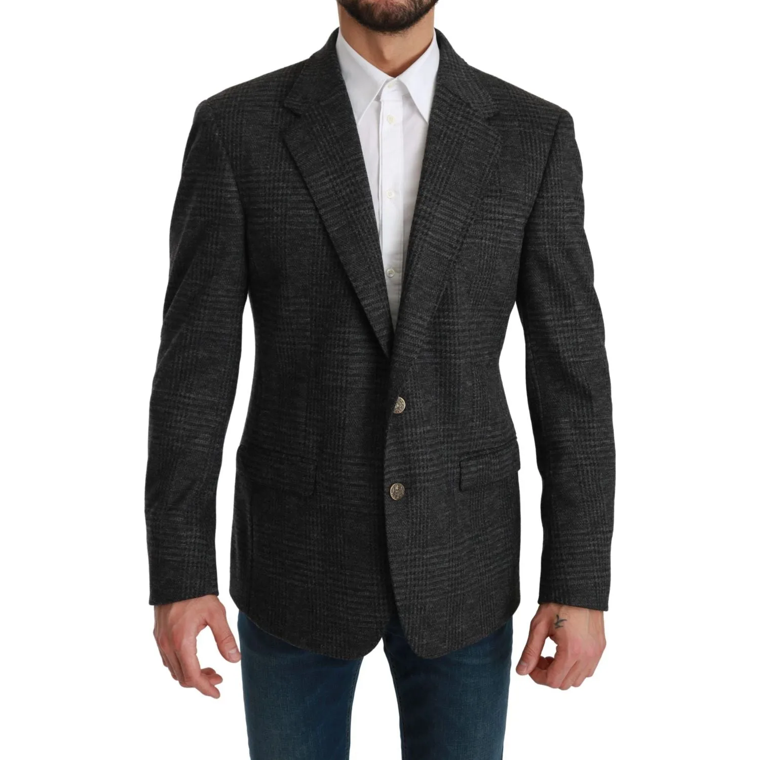 Dolce & Gabbana Elegant Gray Plaid Virgin Wool Blazer