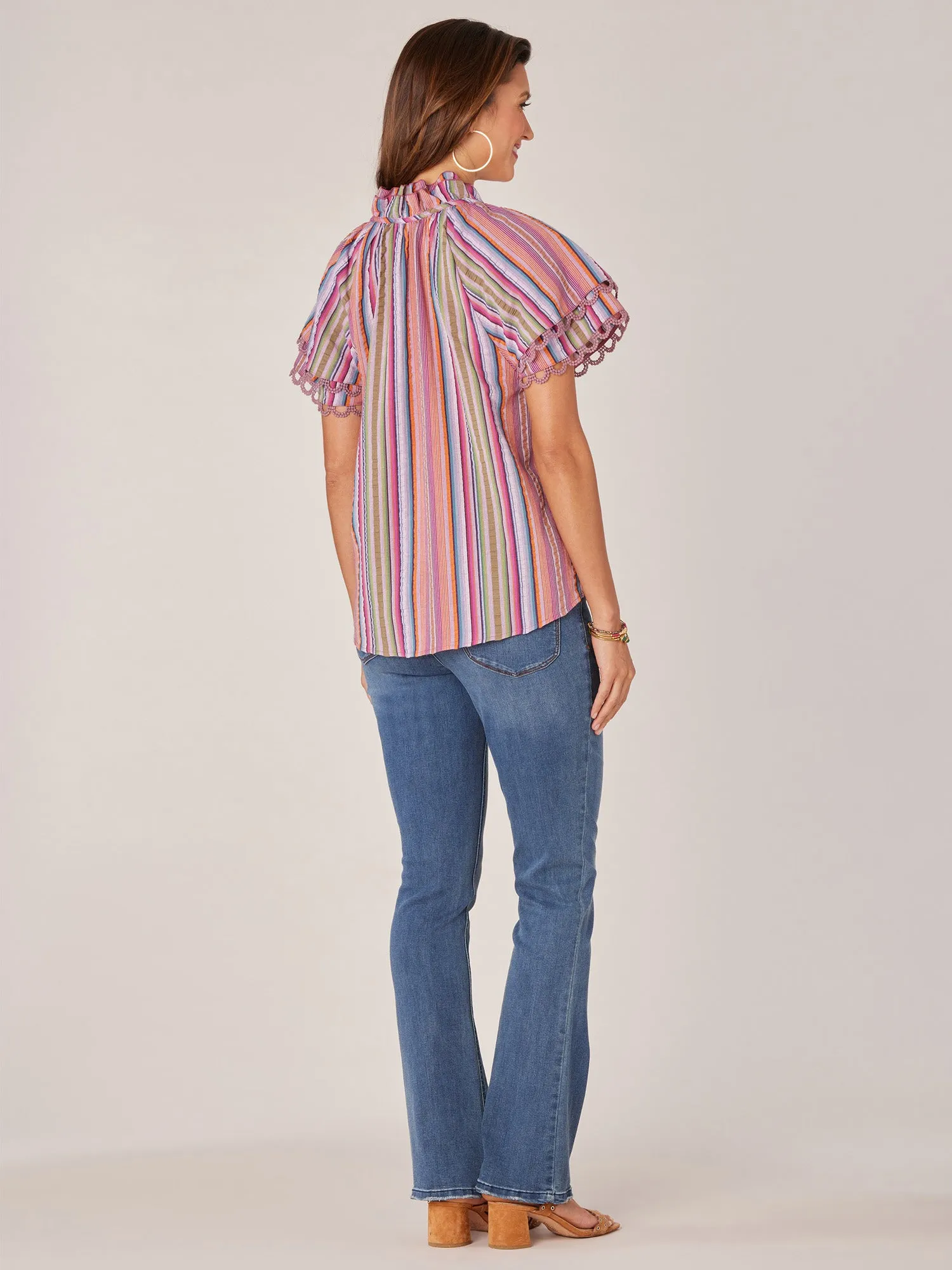 Double Flounce Short Sleeve Ruffle Edge Neck Stripe Woven Top