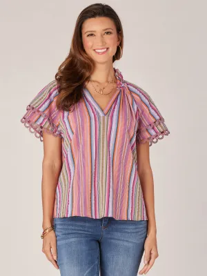 Double Flounce Short Sleeve Ruffle Edge Neck Stripe Woven Top