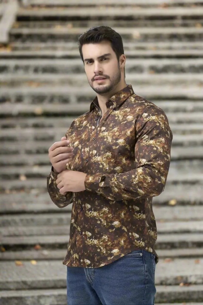 Fall Printed Dark Copper Long Sleeve Hidden Button Slim Fit Shirt