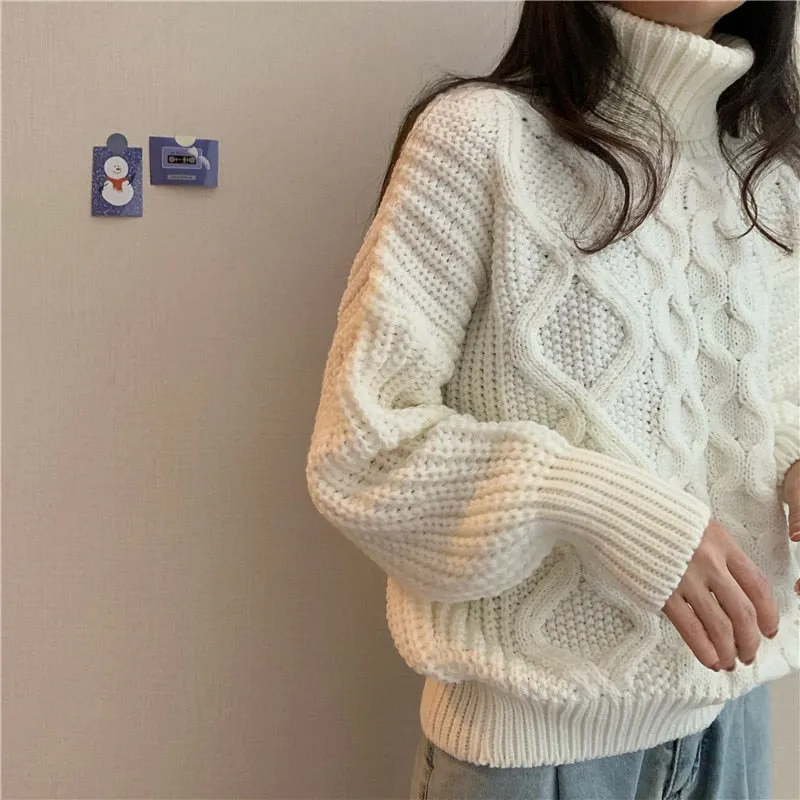 Fashionkova  2024 Thick Needle Twist Sweater Women Korean Vintage Cashmere Knitted Pullover Winter Turtle Neck Lazy Oaf Female Clothing