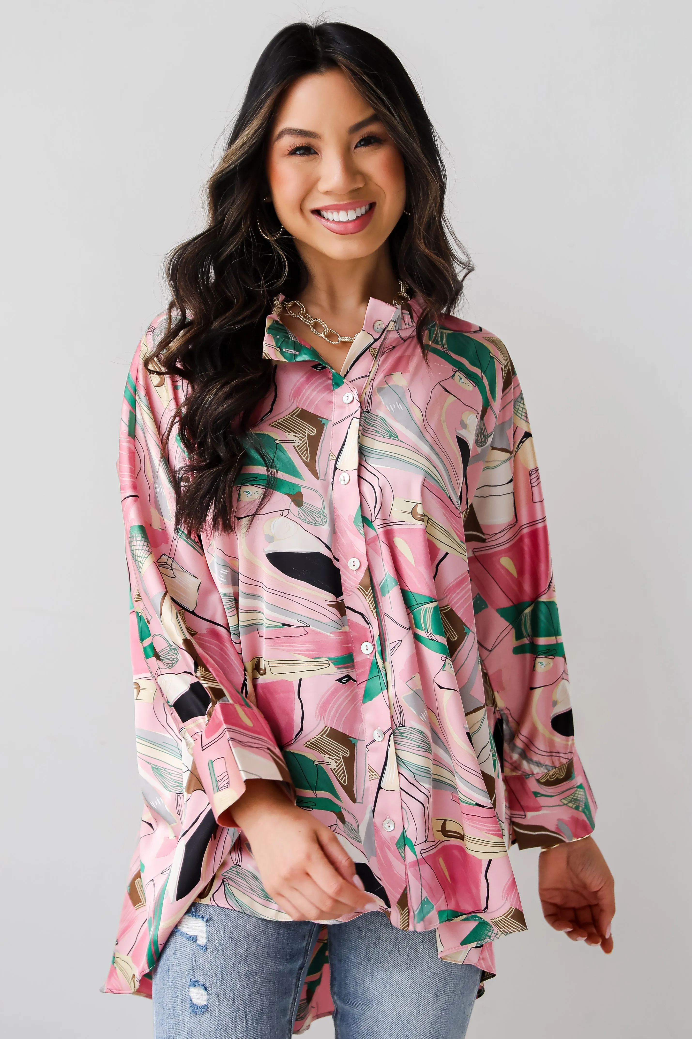 FINAL SALE - Stylish Imagination Pink Satin Oversized Blouse