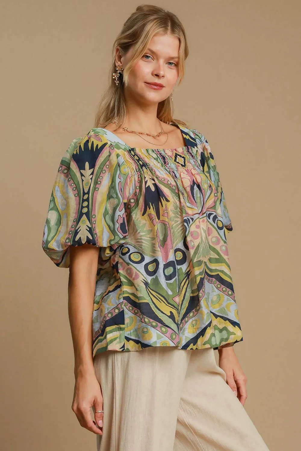 Full Size Abstract Print Smocked Square Neck Puff Sleeve Blouse