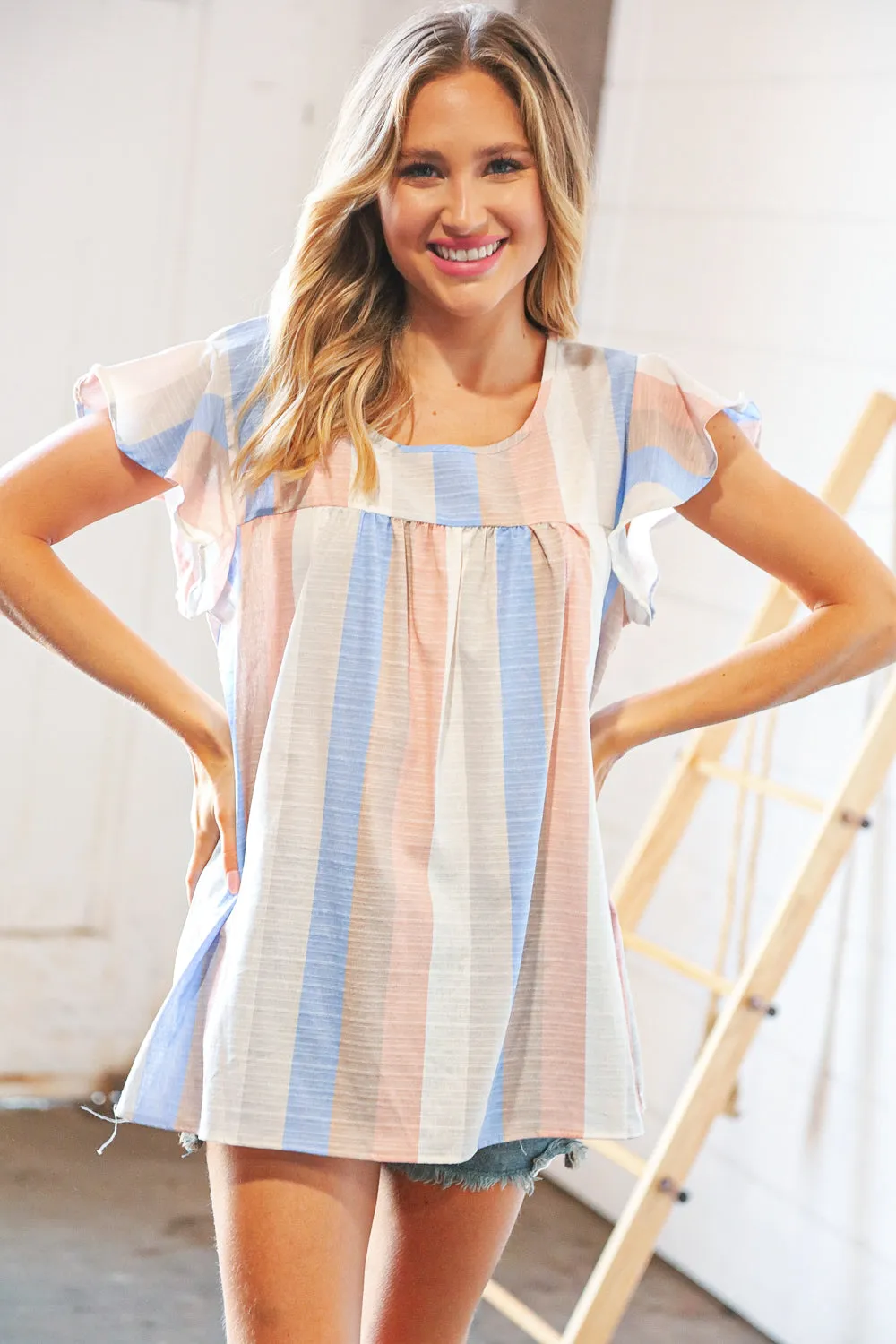 Grey Blue Linen Vertical Stripe Ruffle Sleeve Top