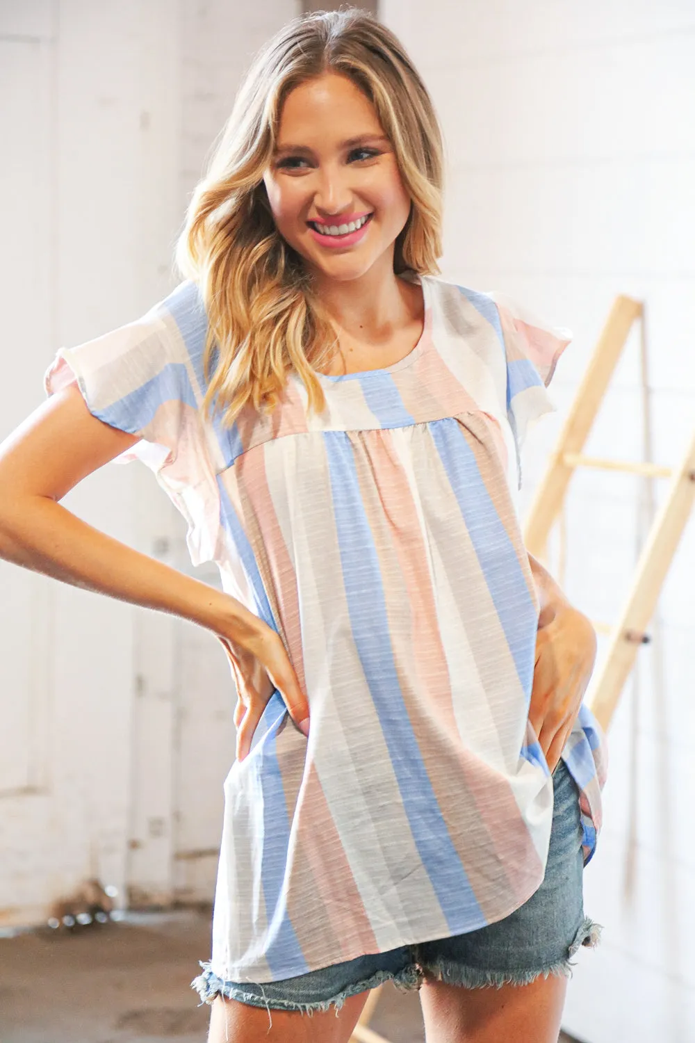 Grey Blue Linen Vertical Stripe Ruffle Sleeve Top