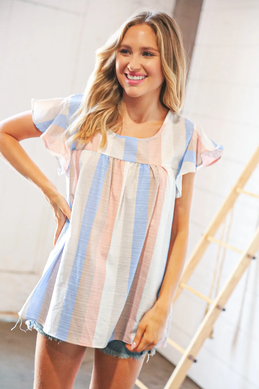 Grey Blue Linen Vertical Stripe Ruffle Sleeve Top