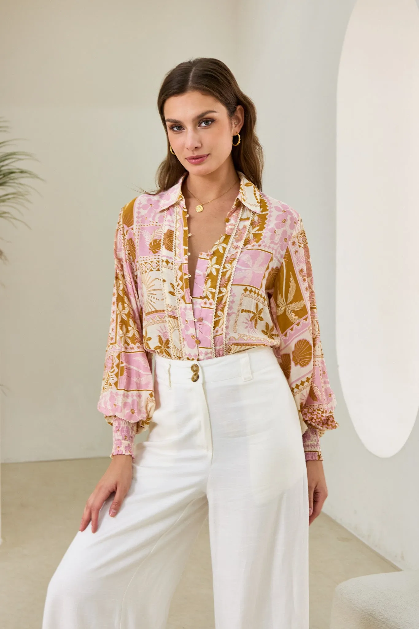 Helia Pink Abstract Shells Balloon Sleeve Blouse