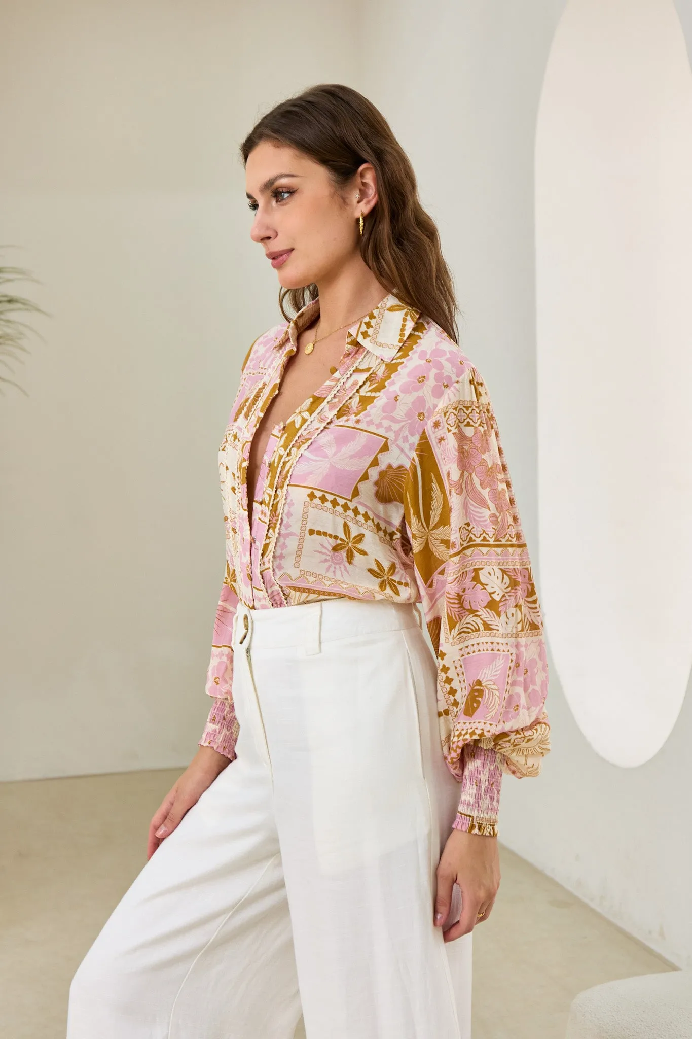 Helia Pink Abstract Shells Balloon Sleeve Blouse