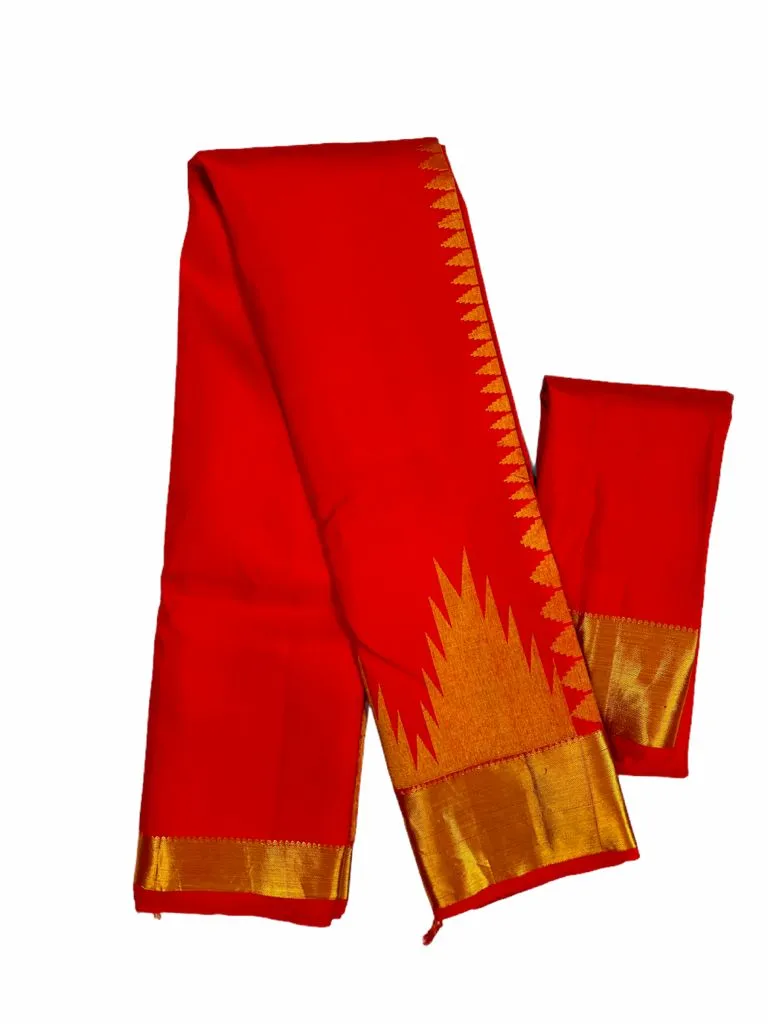 HPSS28 - Pure Handloom Silk Kanjivaram Desginer Saree in Red with Temple Border and full Zari Pallu