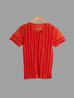 Issey Miyake creased red and orange stripe semi-sheer tshirt - approx S M