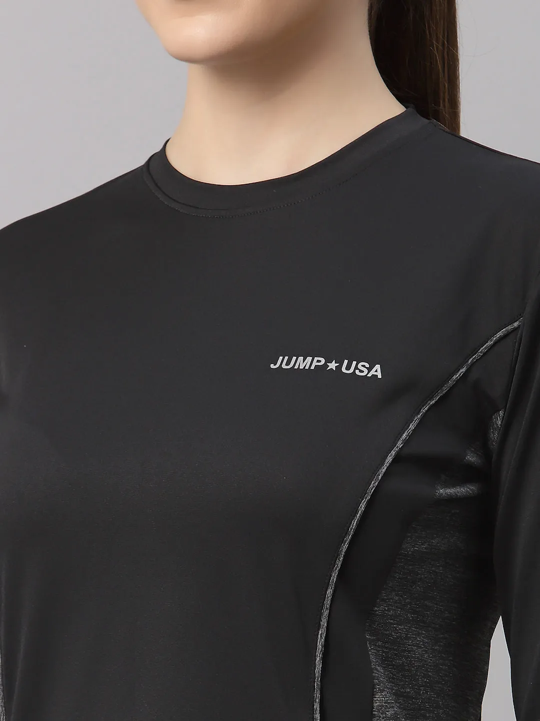 JUMP USA Lifestyle Women Black & Dark Anthra Polyster Round Neck T-Shirt