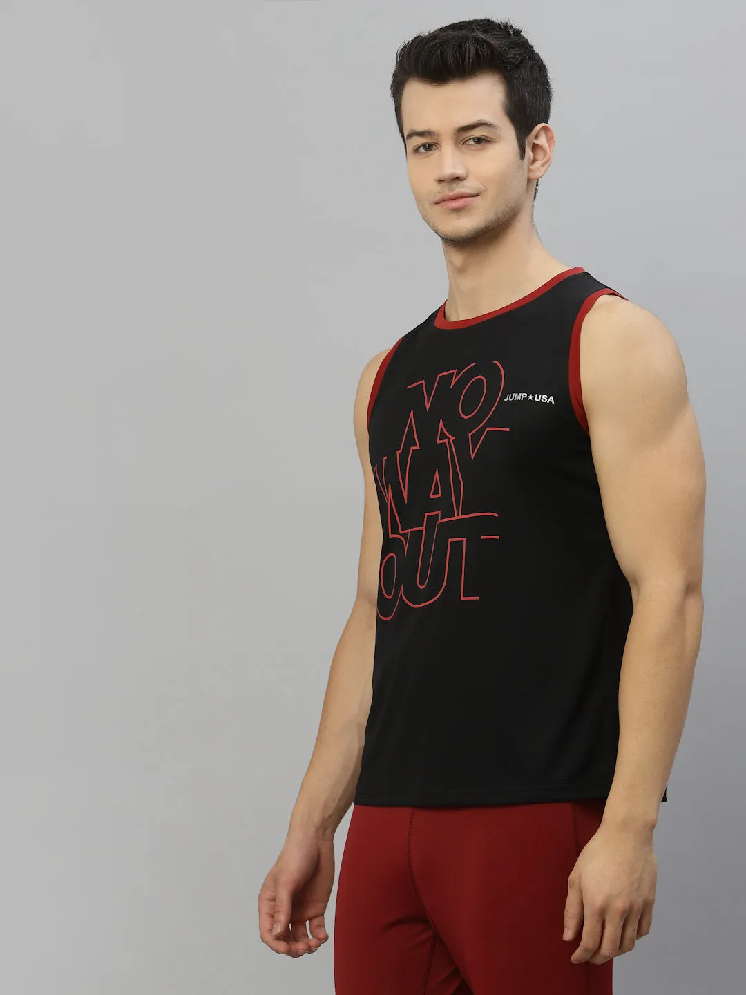 JUMP USA Men Black & Red Printed Polyester Sleeveless Tank T-shirt