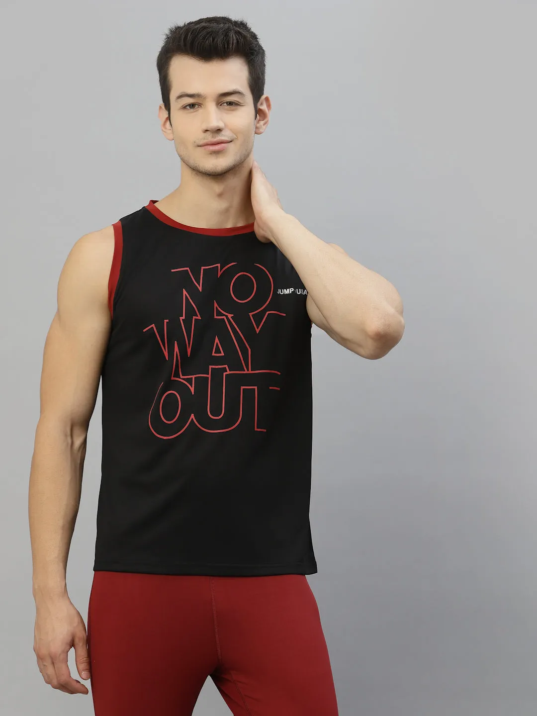 JUMP USA Men Black & Red Printed Polyester Sleeveless Tank T-shirt