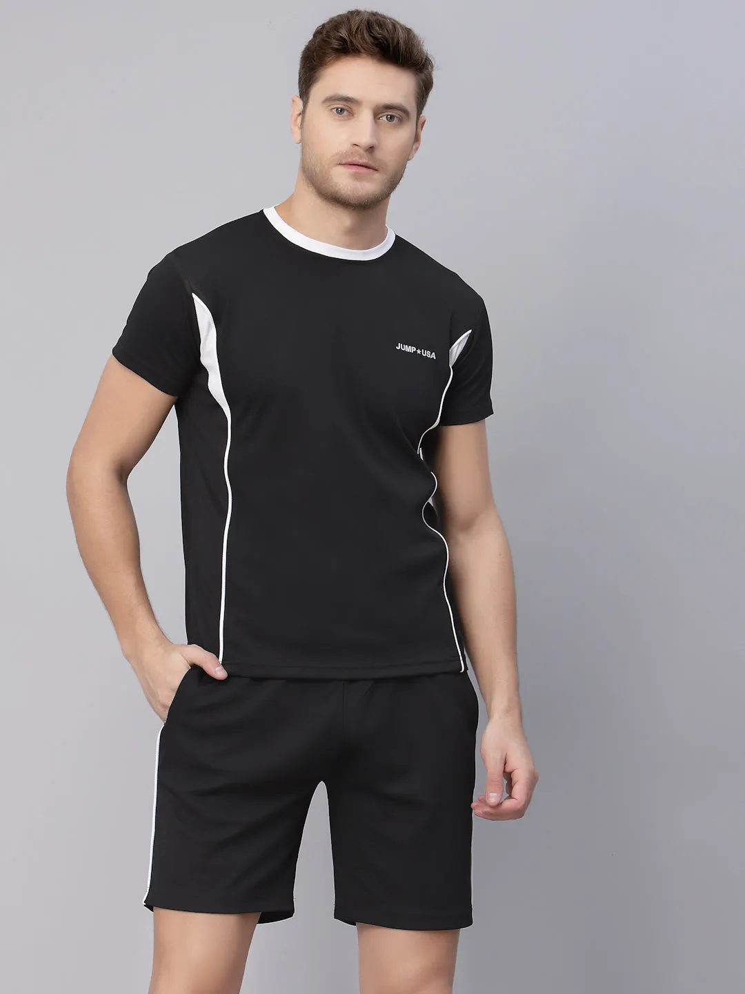 JUMP USA Men Black & White Rapid Dry Solid T-Shirt With Shorts