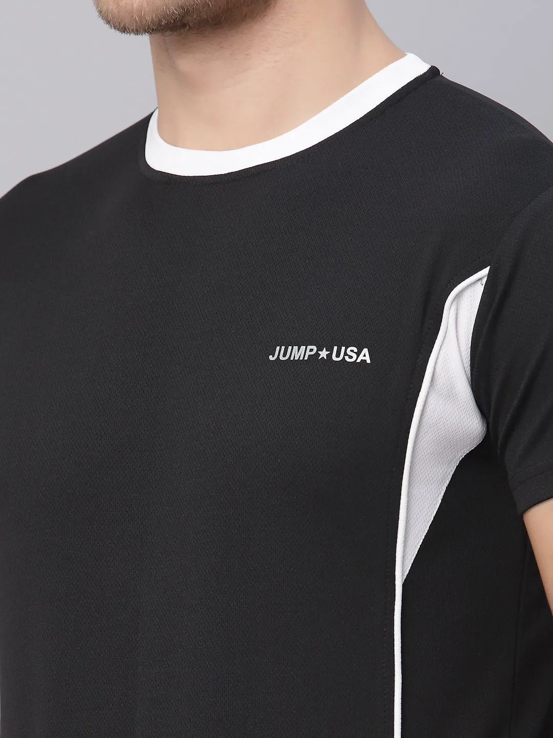 JUMP USA Men Black & White Rapid Dry Solid T-Shirt With Shorts