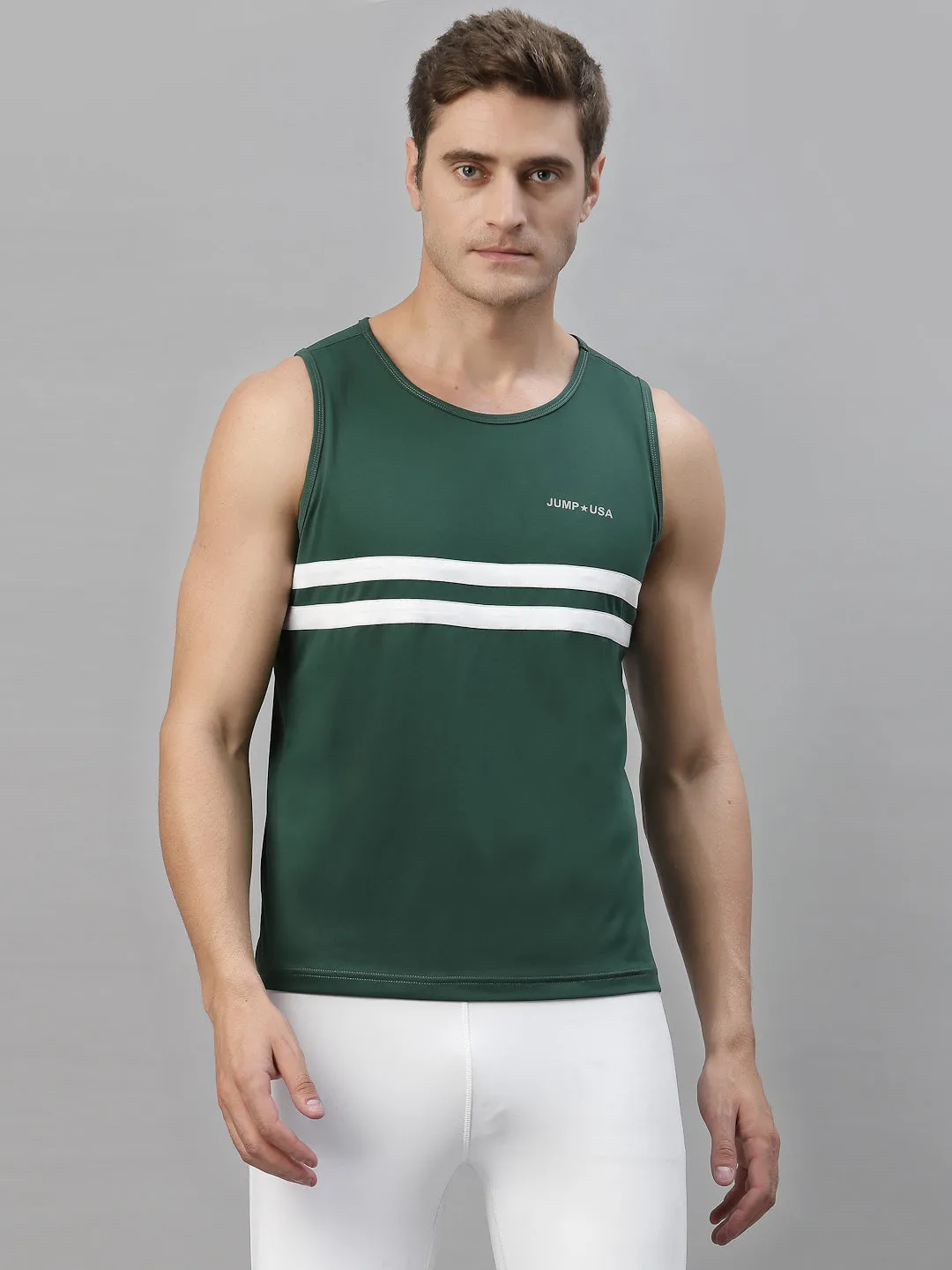 JUMP USA Men Green-White Rapid Dry Training Tank T-Shirt