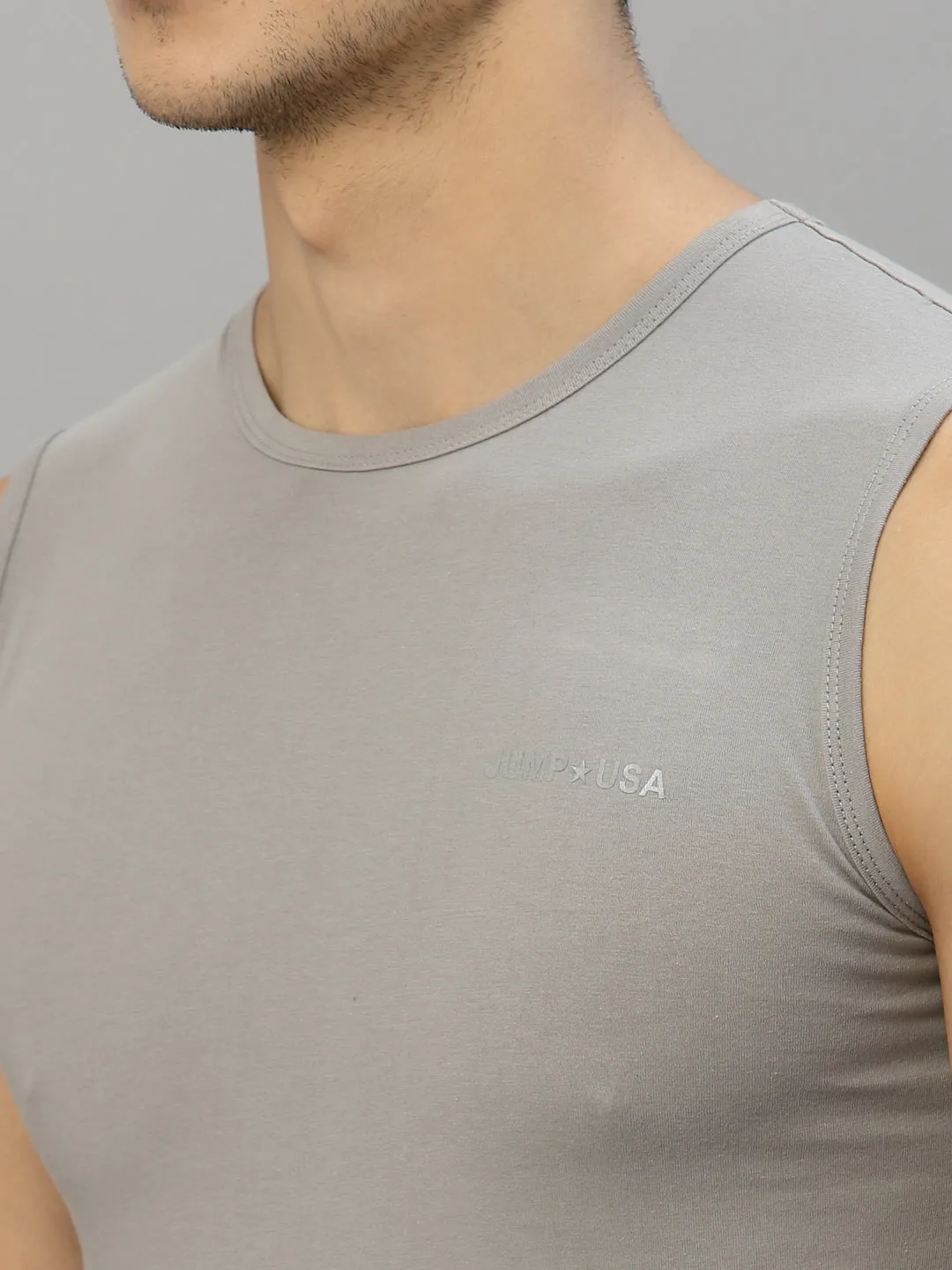 JUMP USA Men Grey Pure Cotton Sleeveless Solid Tank T-shirt