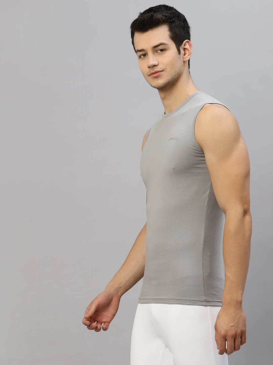 JUMP USA Men Grey Pure Cotton Sleeveless Solid Tank T-shirt