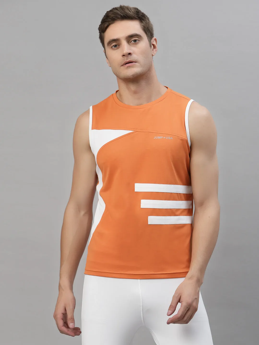 JUMP USA Men Orange-White Rapid Dry Training Tank T-Shirt