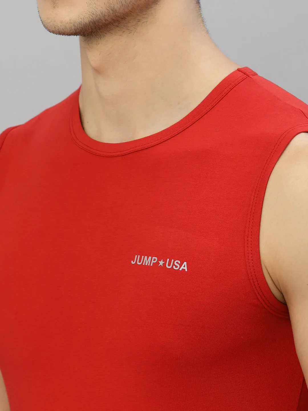 JUMP USA Men Red Pure Cotton Sleeveless Solid Tank T-shirt