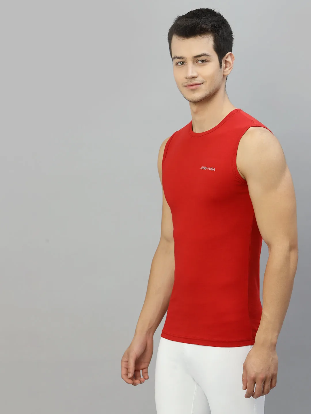 JUMP USA Men Red Pure Cotton Sleeveless Solid Tank T-shirt