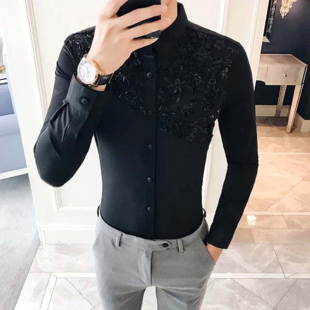 Lace Split Floral Patchwork Detail Men Slim Fit Shirt