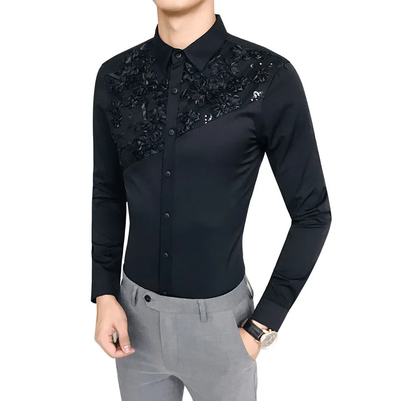 Lace Split Floral Patchwork Detail Men Slim Fit Shirt