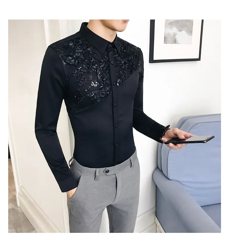 Lace Split Floral Patchwork Detail Men Slim Fit Shirt