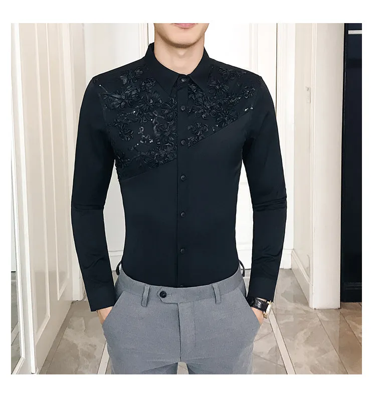 Lace Split Floral Patchwork Detail Men Slim Fit Shirt