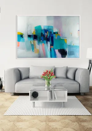 Large wall art giclee print, white blue green geometric abstract painting, large abstract painting print, giclee wall art