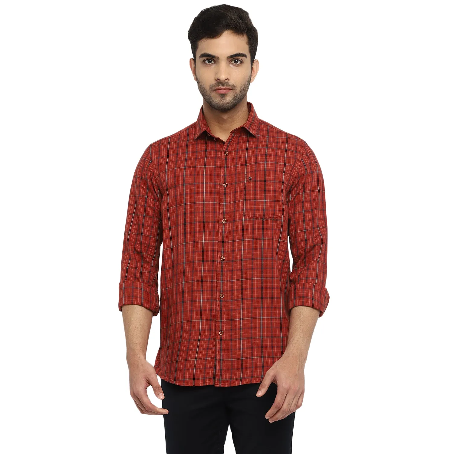 Maroon Cotton Checked Slim Fit Shirt