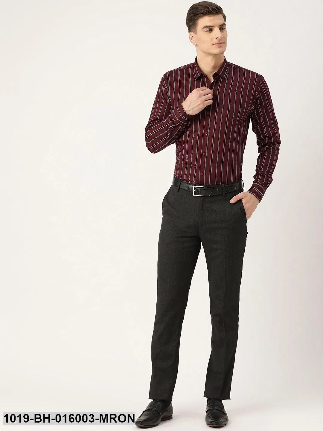 Men's Cotton Maroon & Black Stripe Formal Shirt - Sojanya