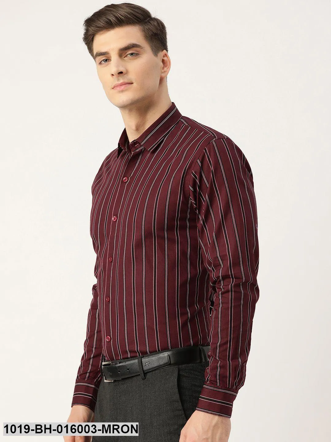 Men's Cotton Maroon & Black Stripe Formal Shirt - Sojanya