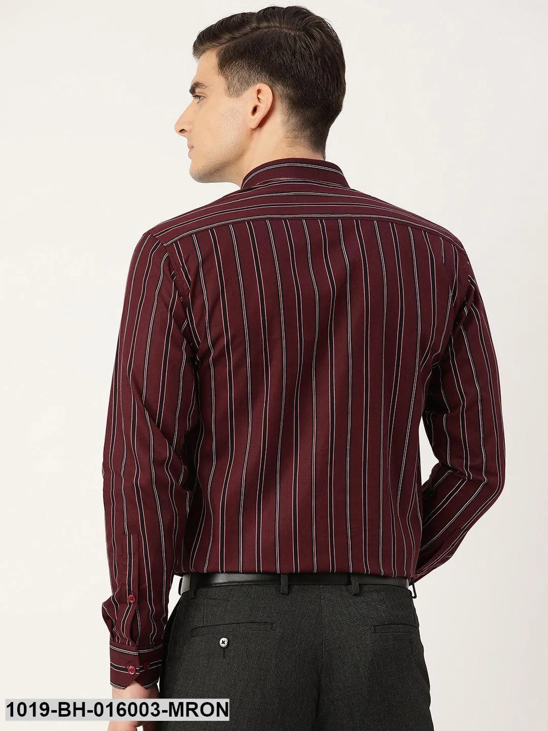 Men's Cotton Maroon & Black Stripe Formal Shirt - Sojanya