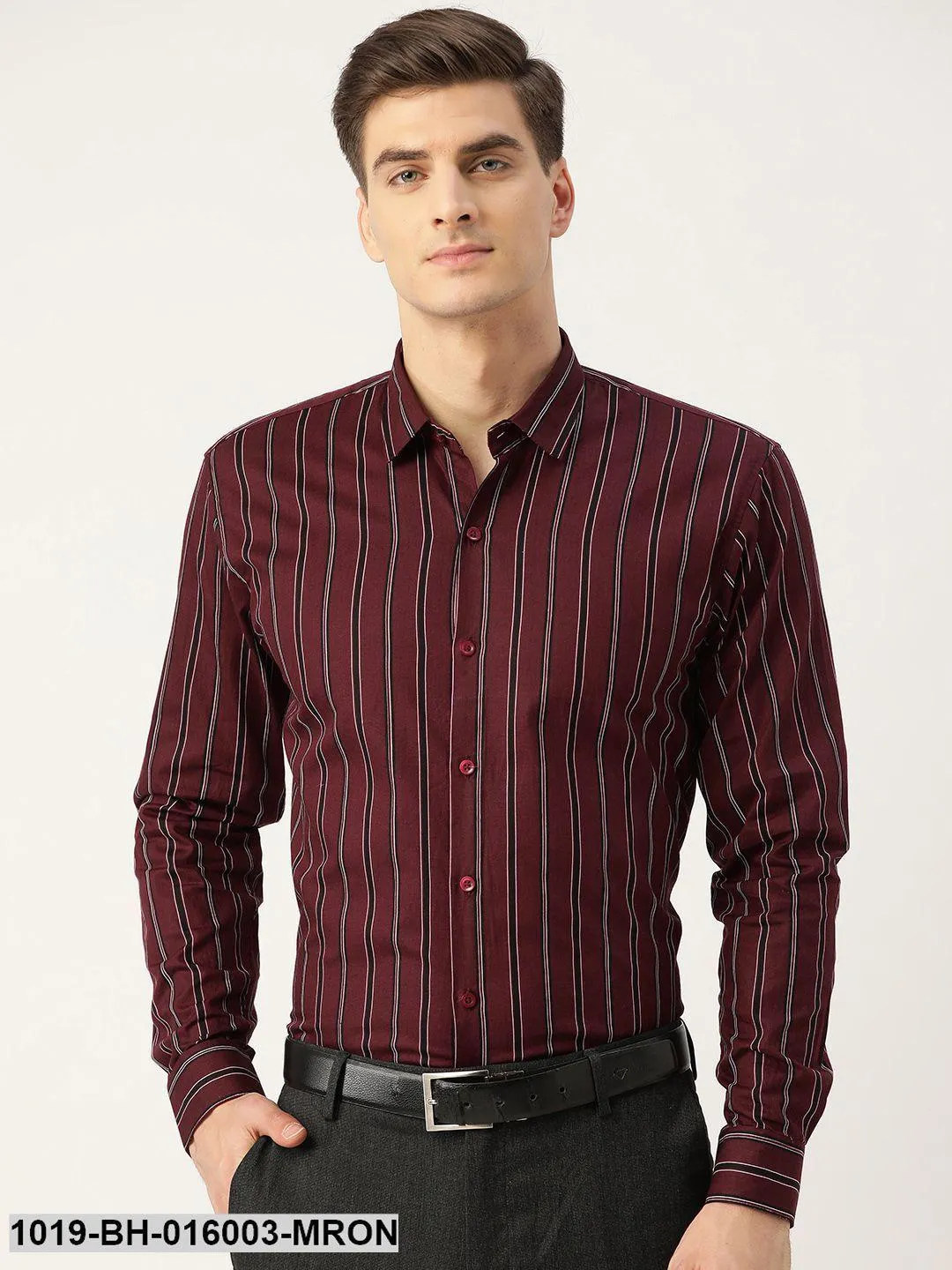 Men's Cotton Maroon & Black Stripe Formal Shirt - Sojanya