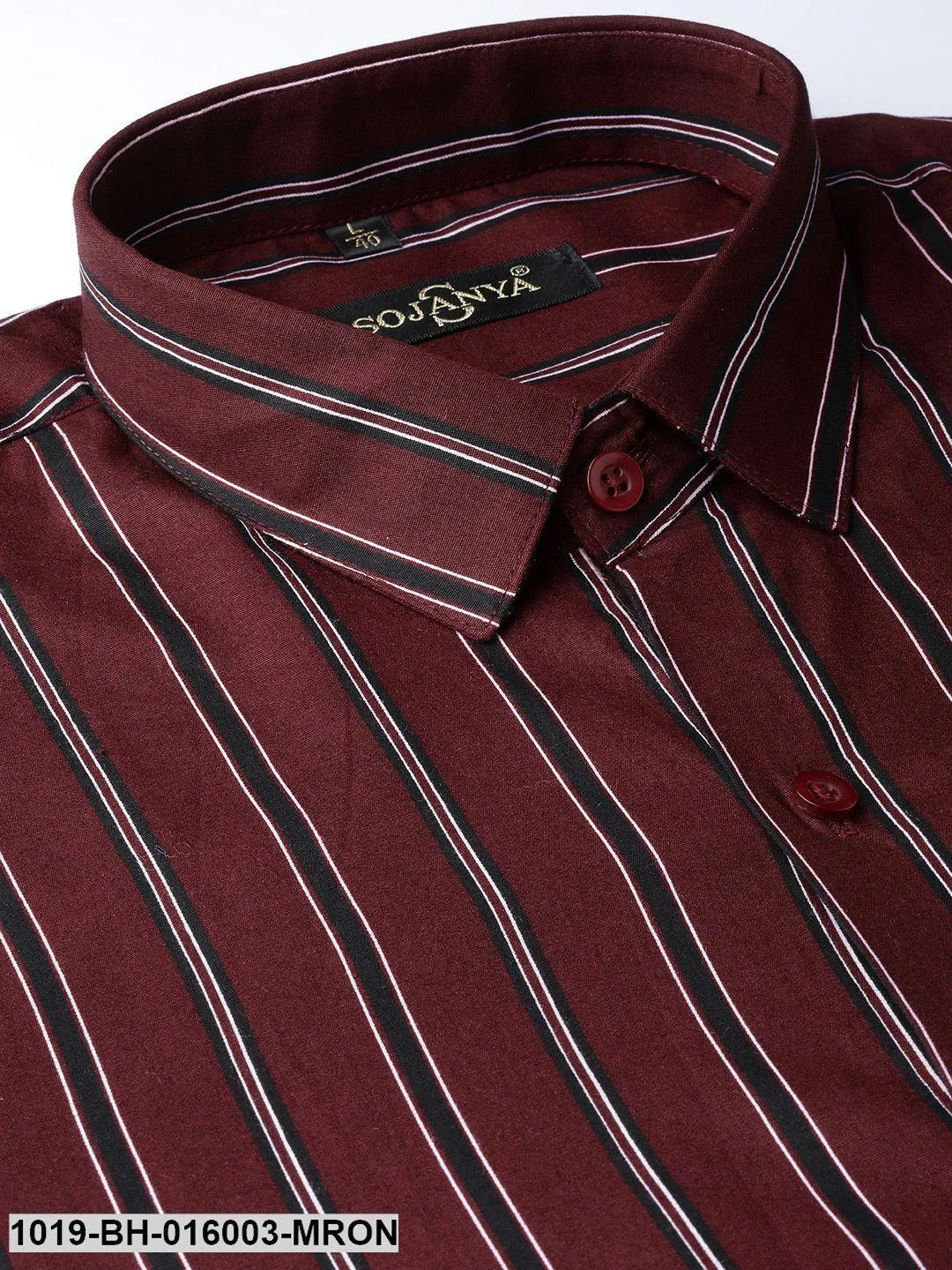 Men's Cotton Maroon & Black Stripe Formal Shirt - Sojanya