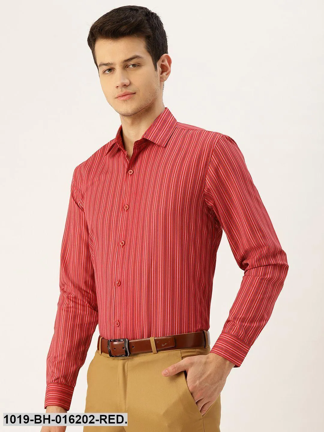 Men's Cotton Red & Multicolored Striped Formal Shirt - Sojanya